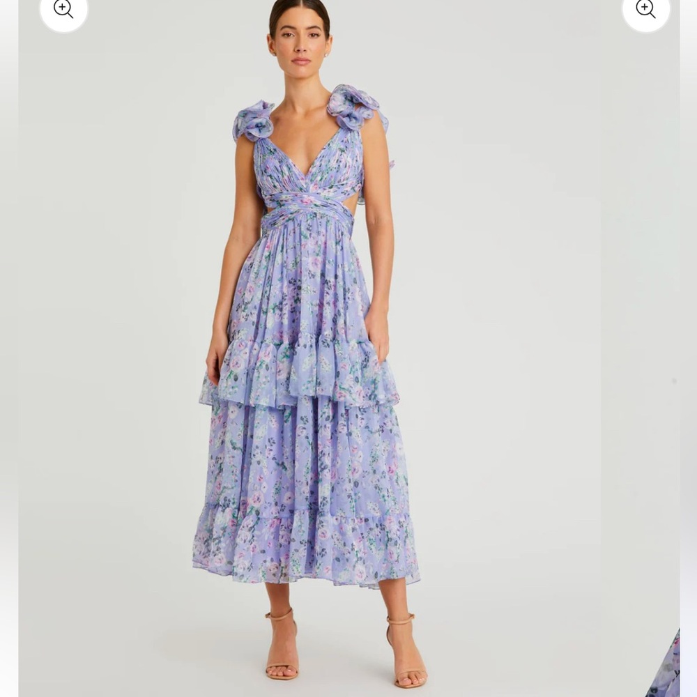 MAC DUGGAL Ruffle Tiered Cut-Out Floral Chiffon Dress